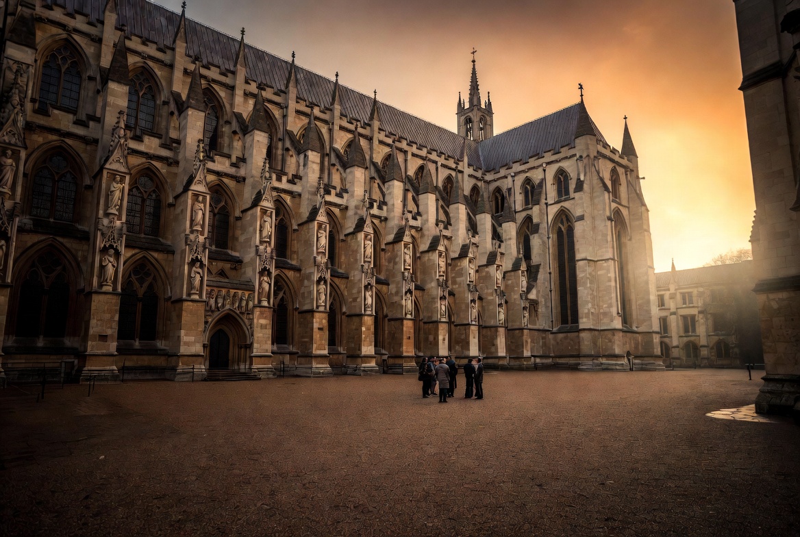 Walkers gathered before the west doors of Westminster Abbey, listening to a guide.