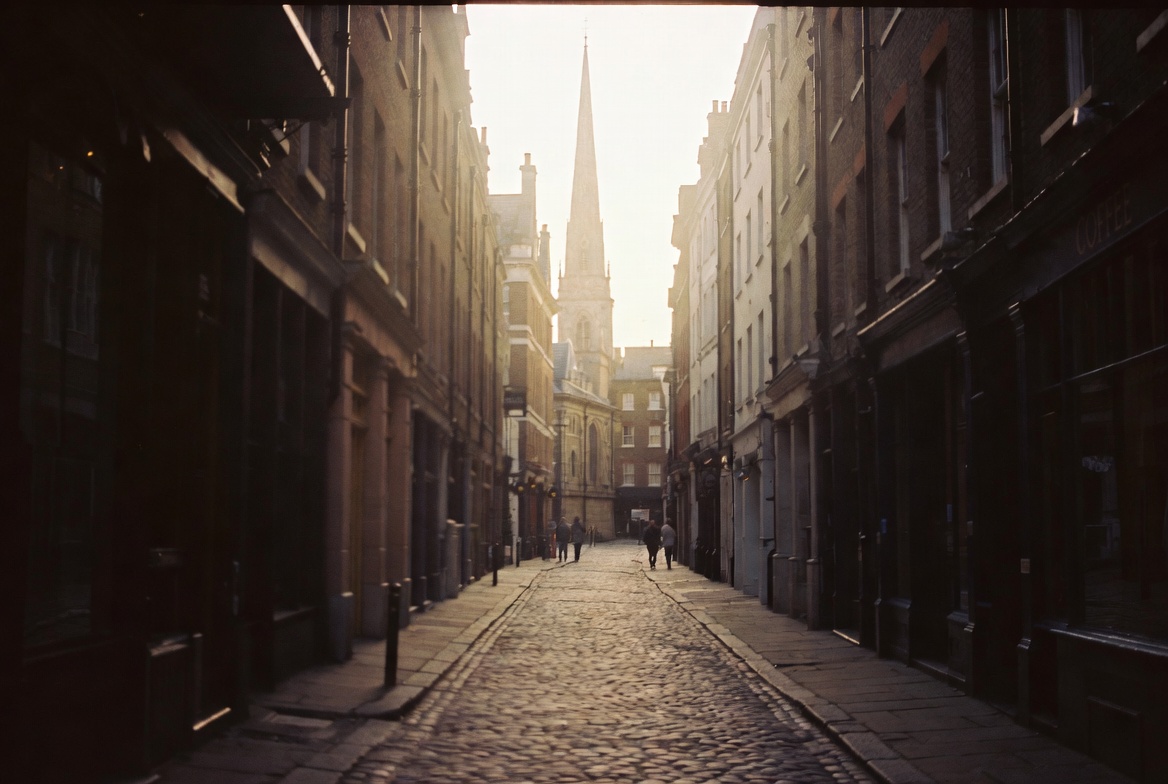A small tour group walking down a quiet City of London lane.
