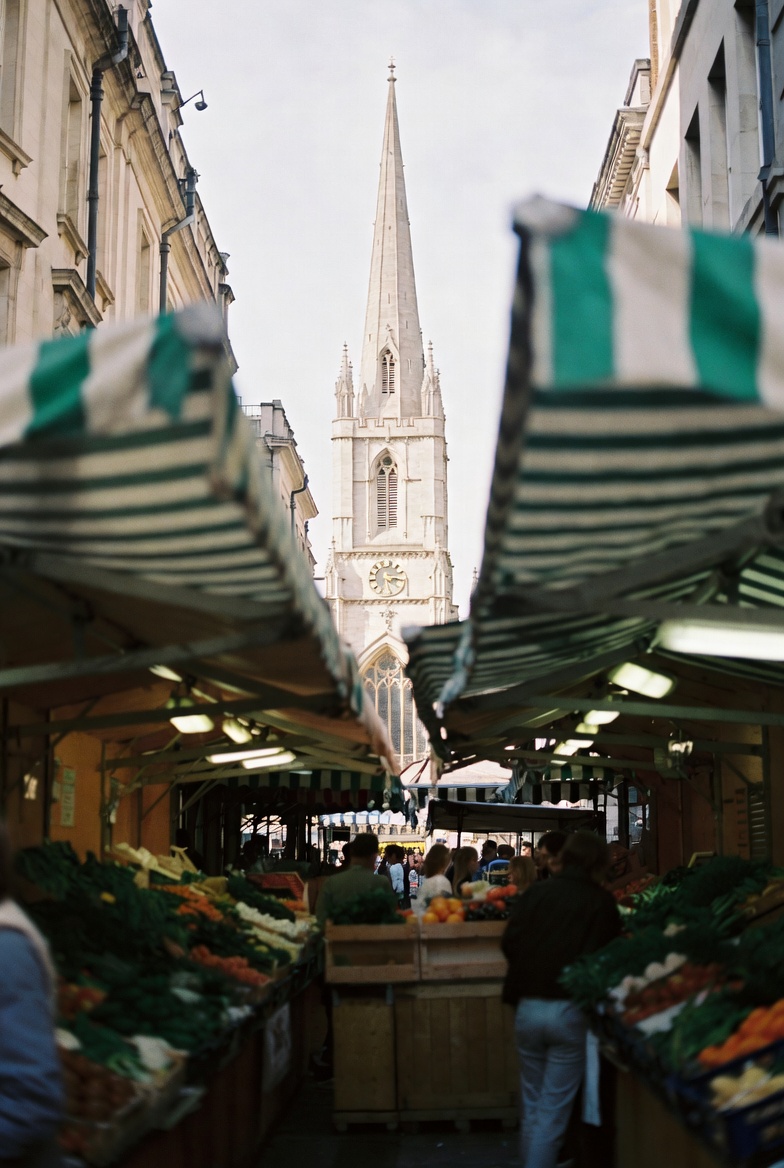 Southwark Cathedral seen from Borough Market on a clear morning.