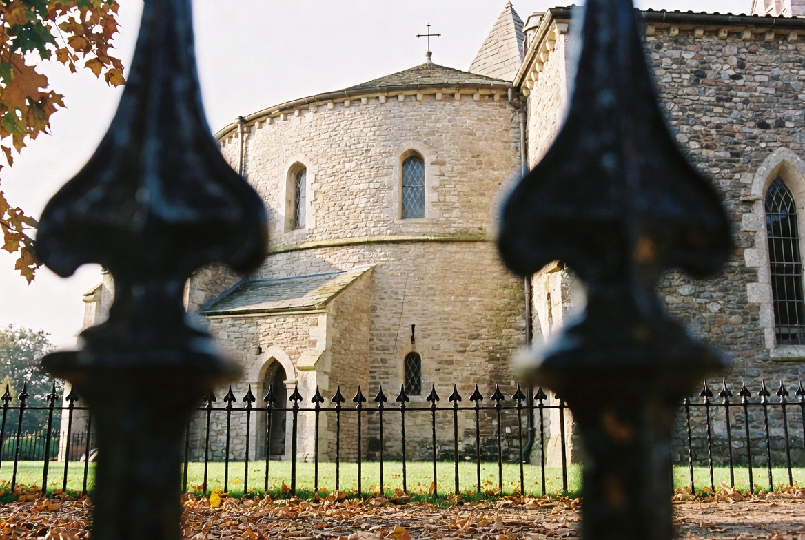 The exterior of Temple Church on a quiet weekend morning.